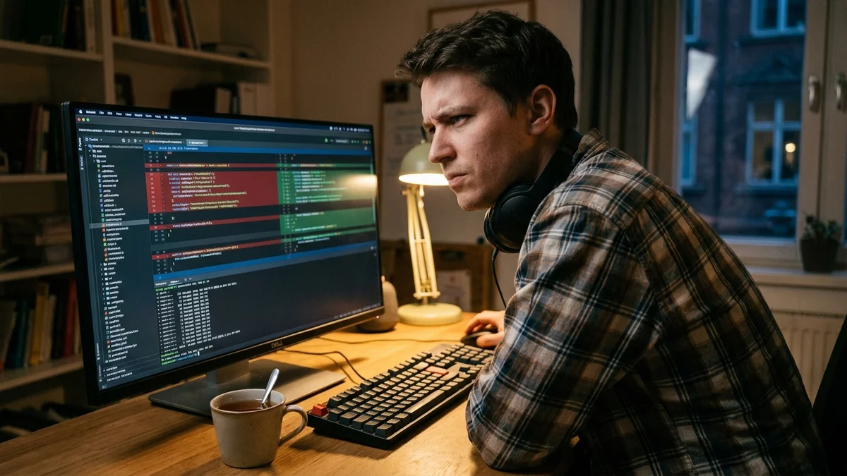 Developer leaning forward at desk reviewing AI agent diff output on a large monitor