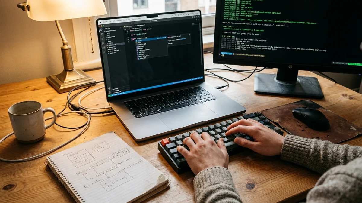 Developer workspace showing code editor with autocomplete and a terminal running a CLI AI assistant