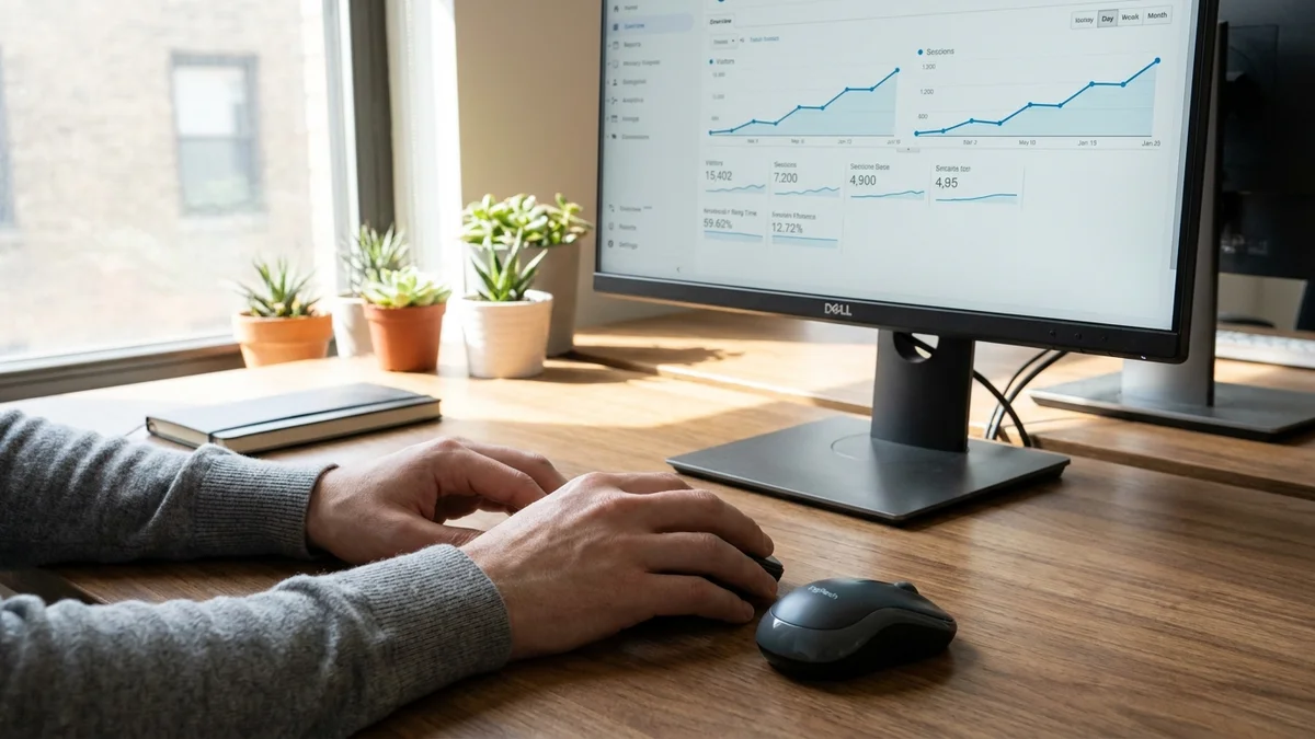 Analytics dashboard with upward-trending traffic graphs on a desktop monitor