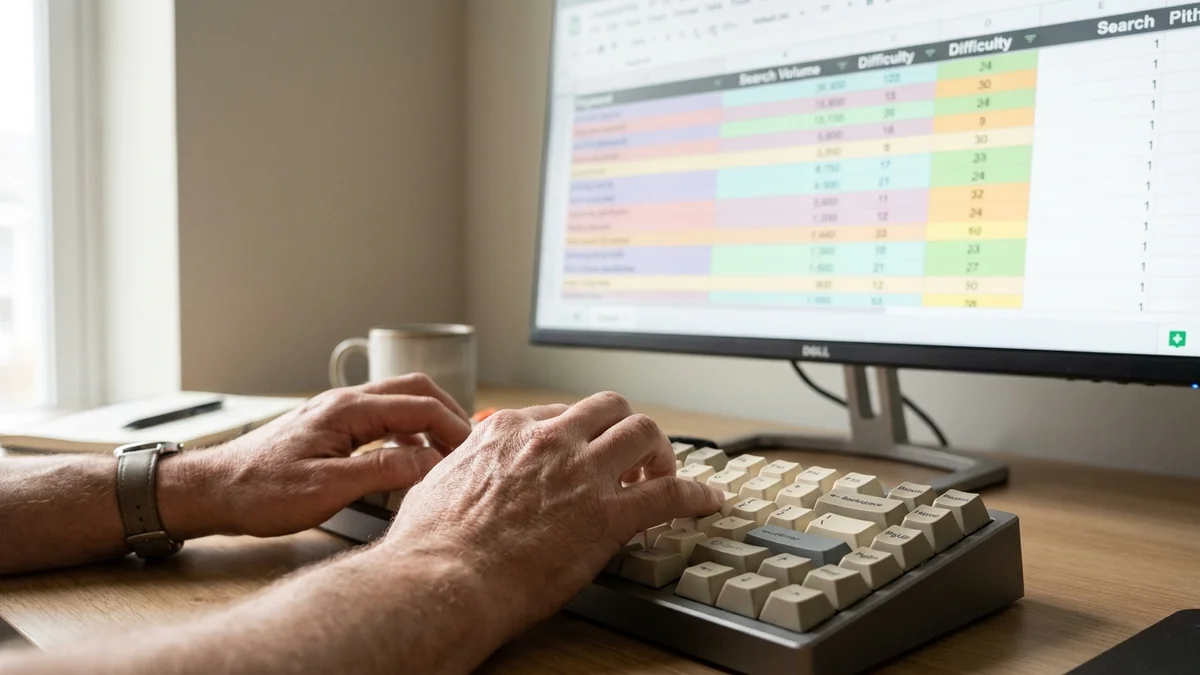 Hands typing at keyboard with a keyword research spreadsheet on monitor in background