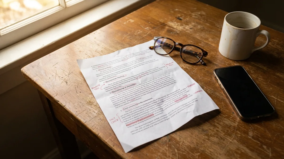 Printed article draft with red pen edits and margin notes on a wooden desk