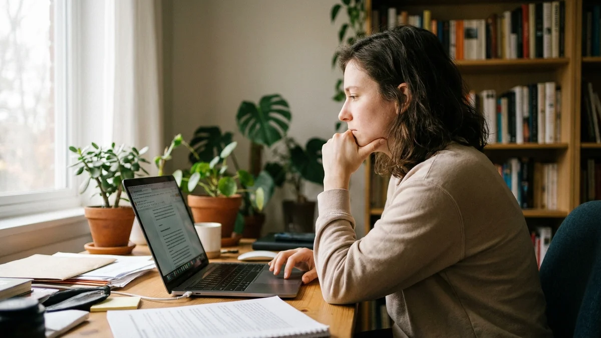 Person at a desk thoughtfully comparing AI search engines on a laptop