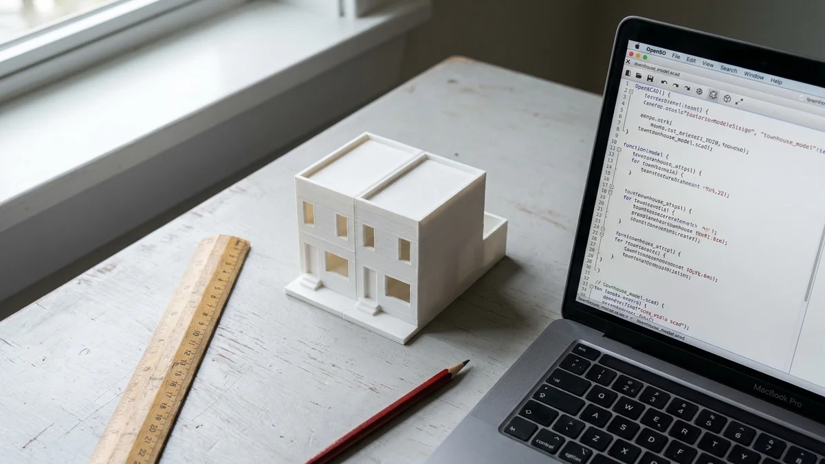 3D printed white architectural model of a townhouse next to a laptop showing OpenSCAD source code