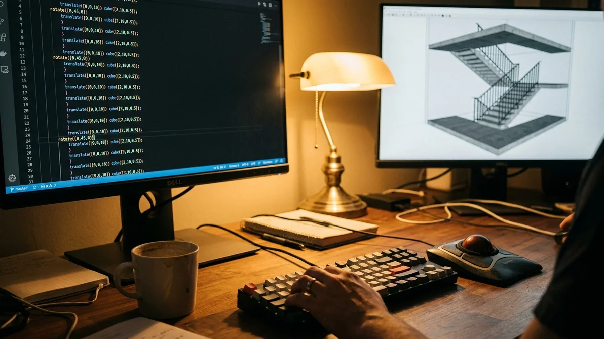 OpenSCAD code on one monitor and a wireframe staircase render on another in a dim home office