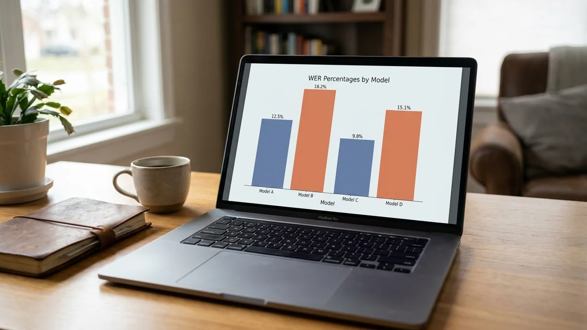 Bar chart showing benchmark WER versus held-out WER for five ASR models