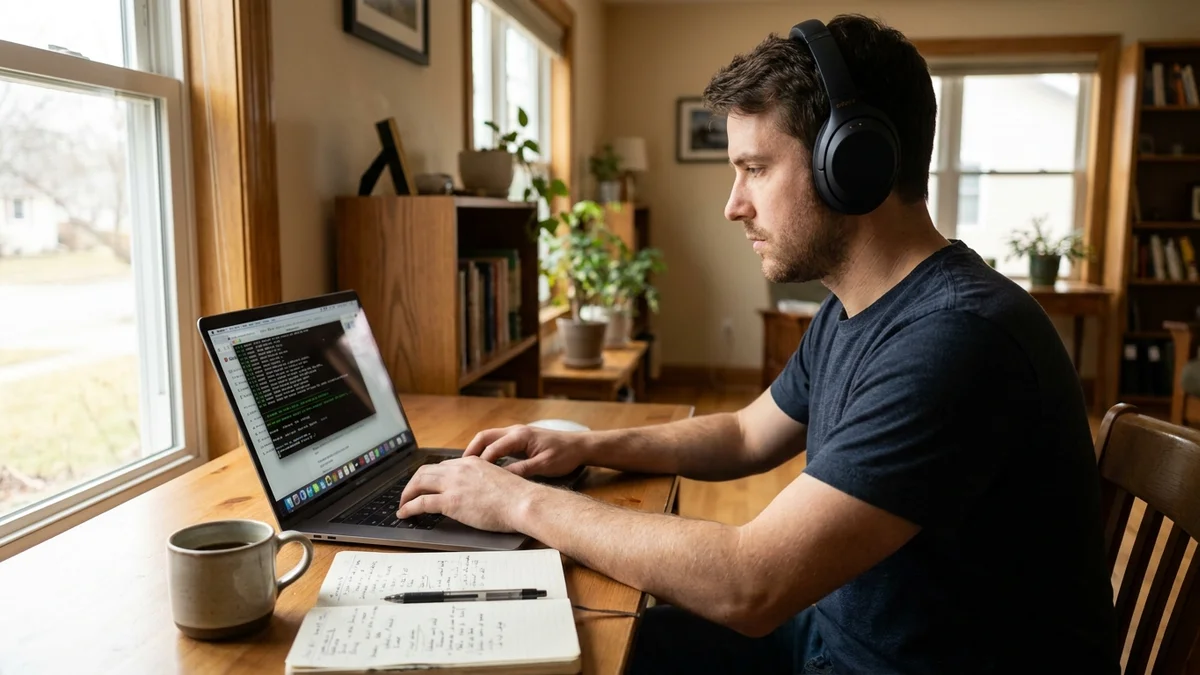 Developer with headphones testing speech recognition model outputs on a laptop