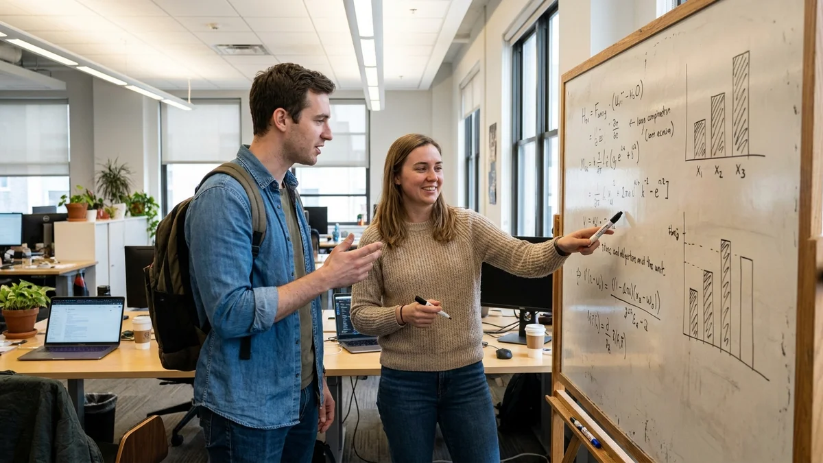 Two ML researchers discussing benchmark data at an office whiteboard