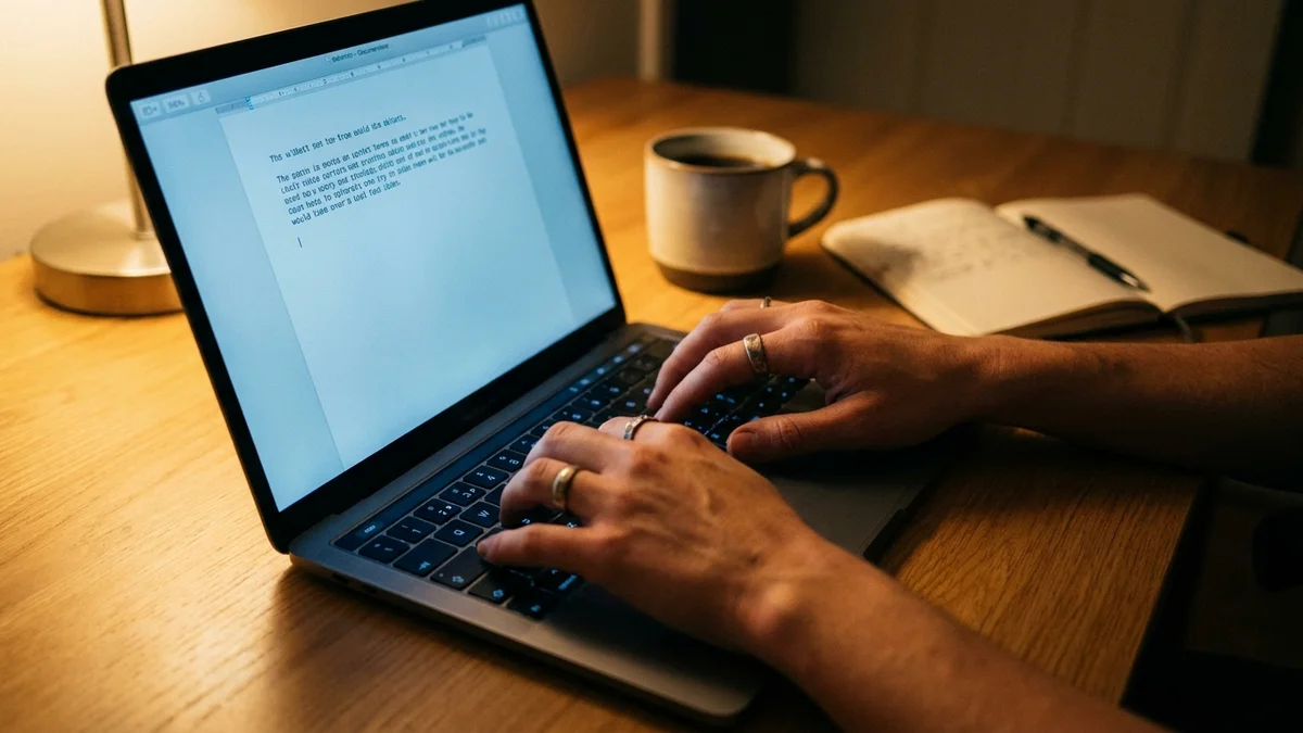 Hands typing a research paper rebuttal on MacBook Pro at evening desk