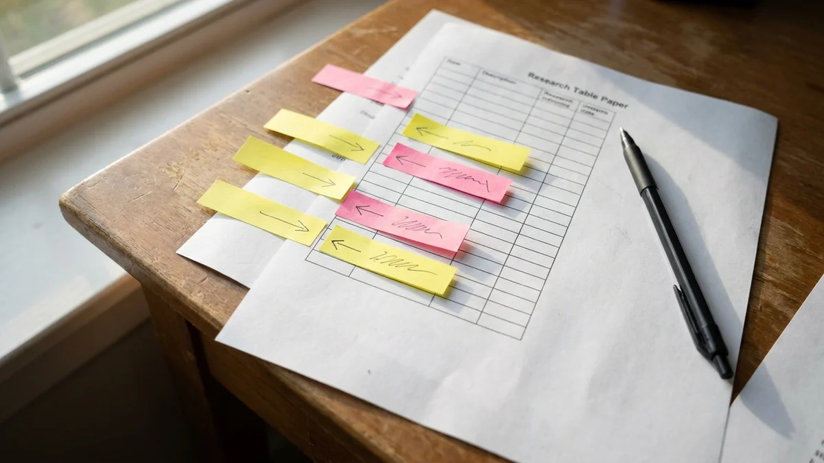 Printed comparison table with sticky note annotations on researcher's desk