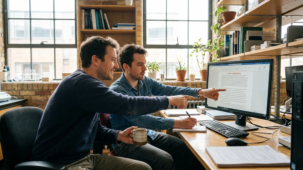 Two researchers discussing a paper draft on a monitor in university lab