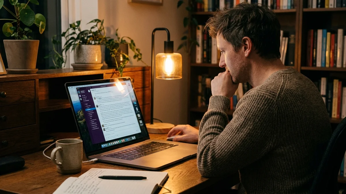 Developer reading a long response on a laptop showing an AI chatbot interface