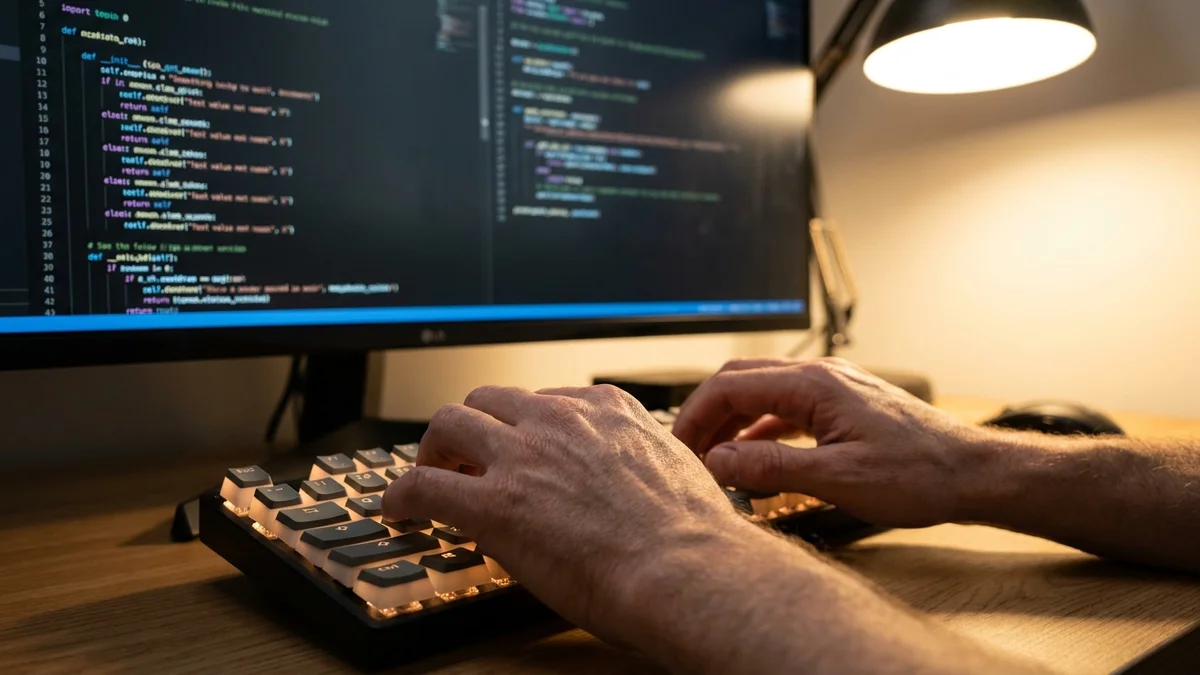 Hands typing on a mechanical keyboard with code visible on a monitor