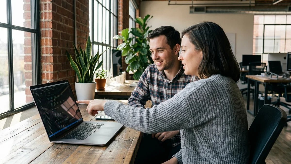 Two engineers reviewing AI-generated code on a laptop together