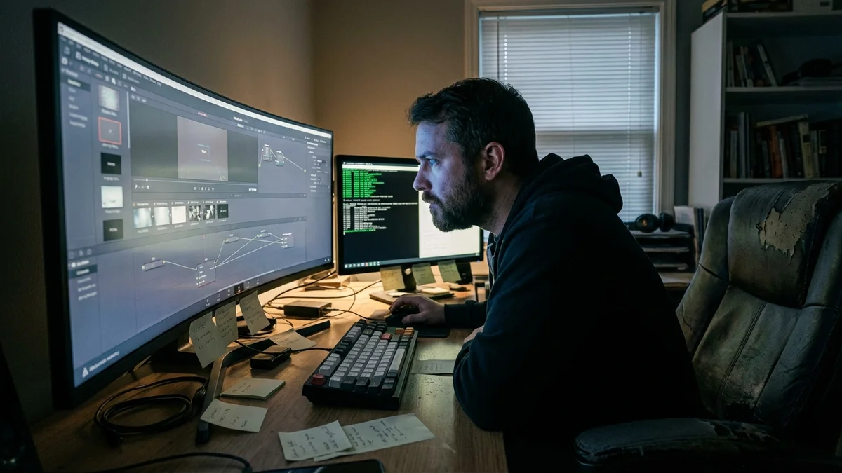Developer building a node-based AI image generation workflow on an ultrawide monitor