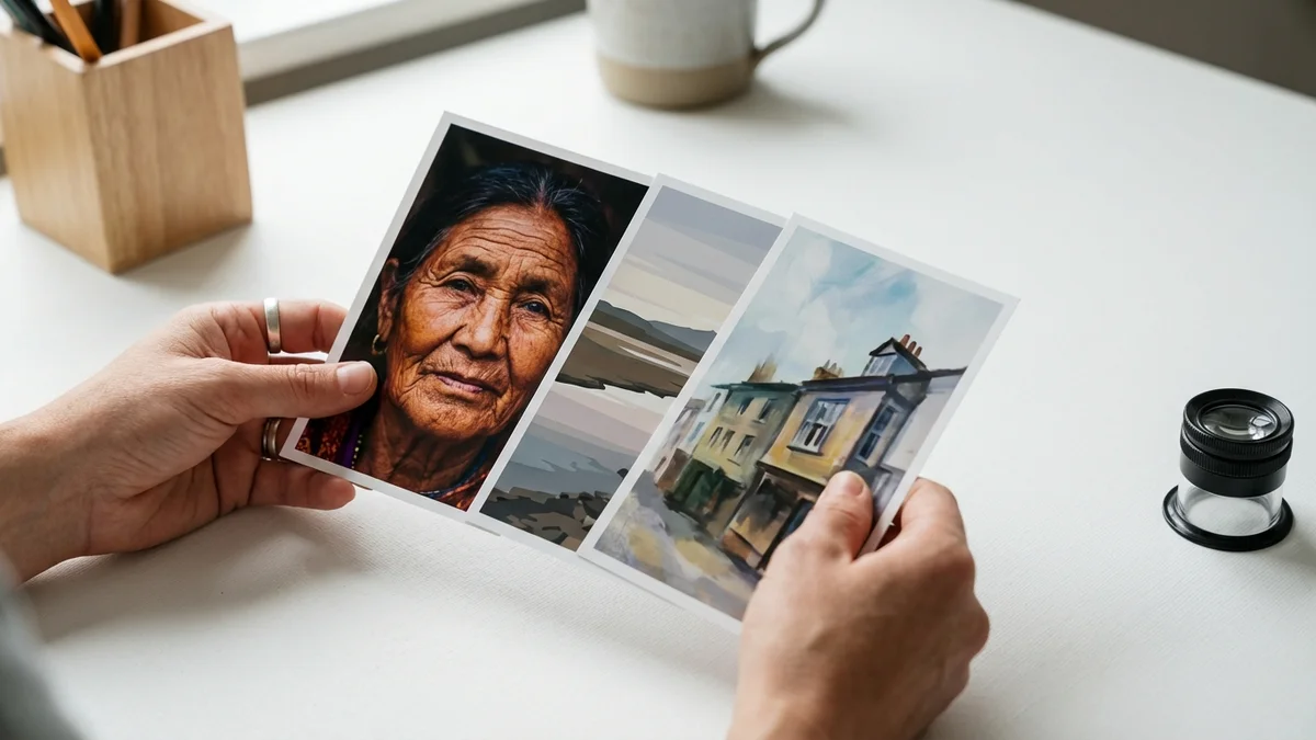 Person comparing three AI-generated art prints side by side on a desk