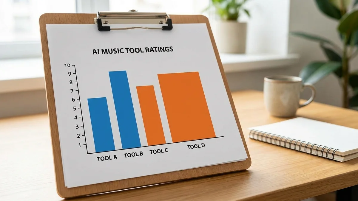Bar chart comparing ratings of Suno, Udio, and Eleven Labs Music