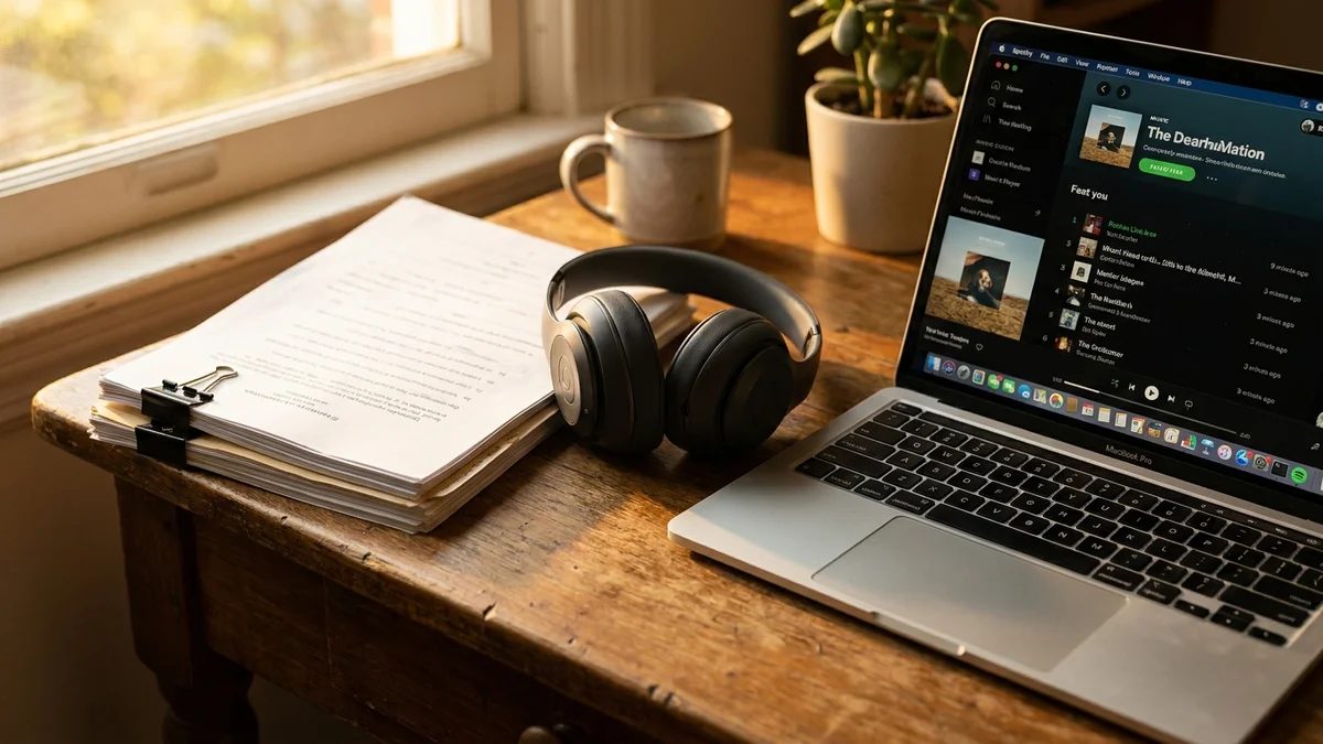 Desk with legal documents, headphones, and laptop showing AI music software