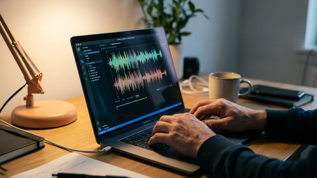 Developer analyzing audio waveform on a MacBook in a softly lit office