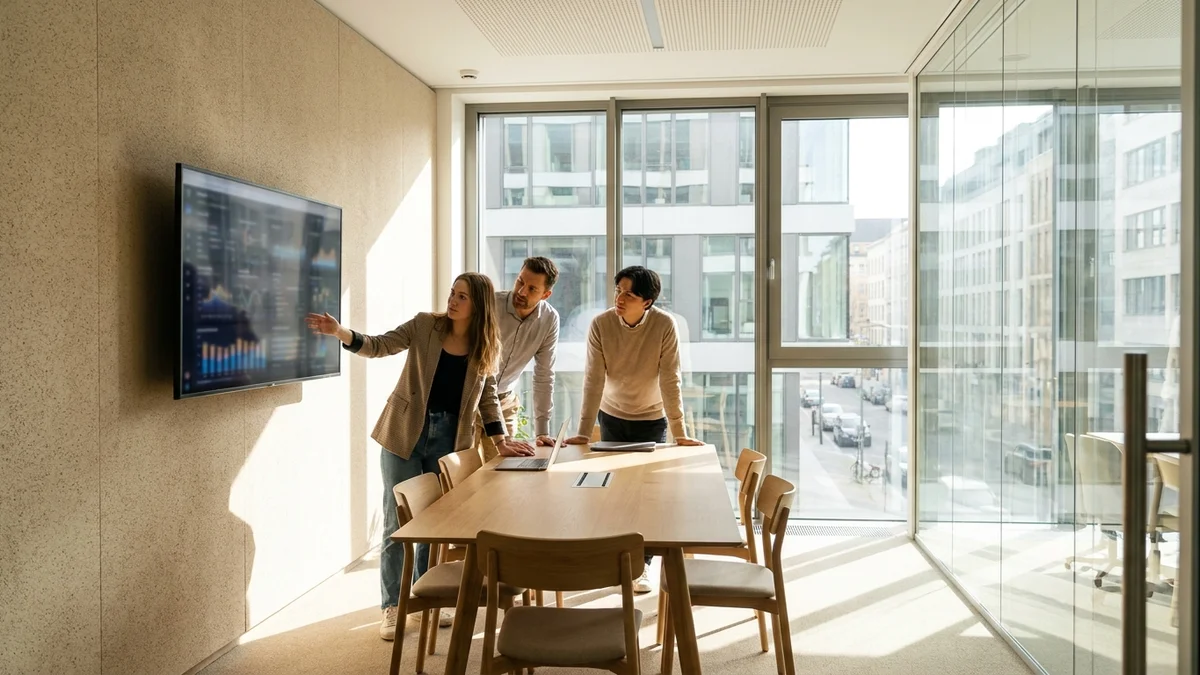 Product team reviewing voice agent performance metrics on a meeting room display