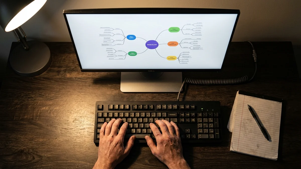 Developer hands on keyboard with branching AI agent workflow on monitor