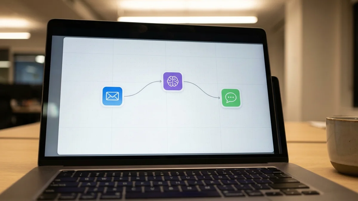 Laptop screen showing a three-node email summarizer workflow