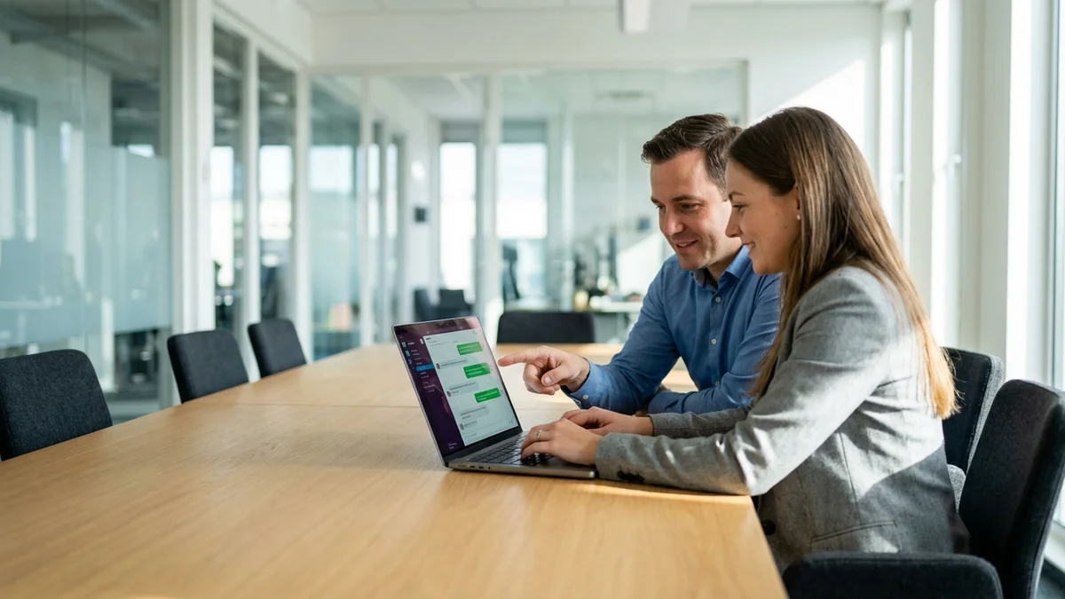 Two colleagues testing a chatbot interface on a laptop in a meeting room