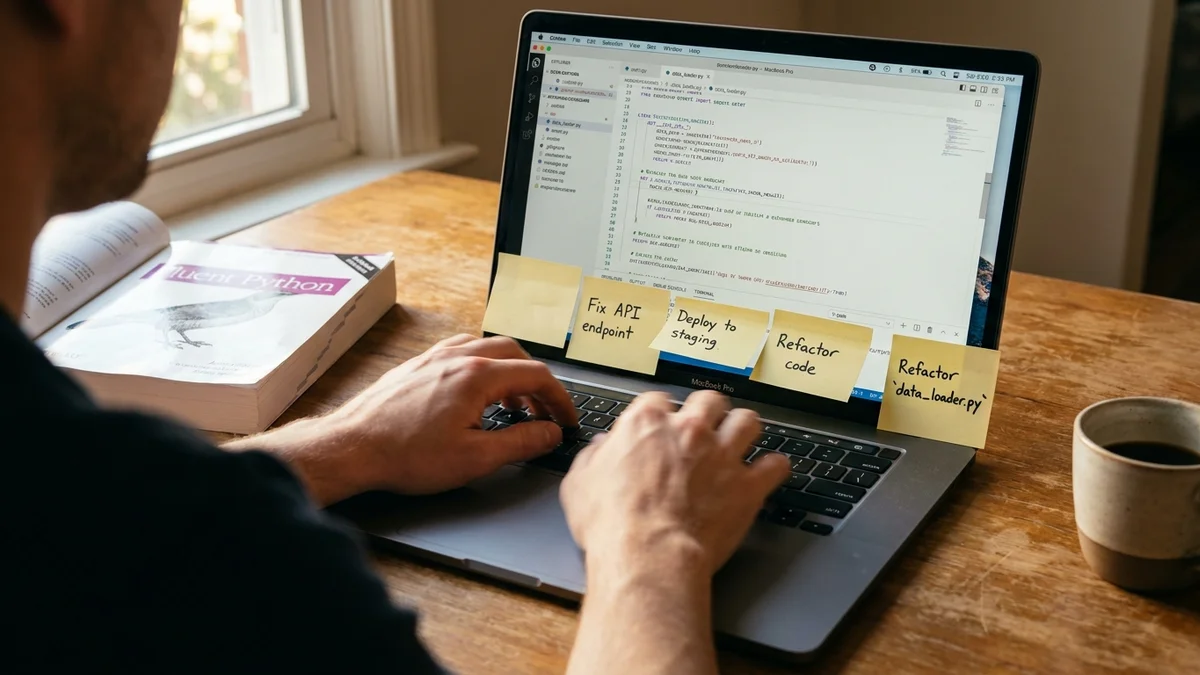 Developer's hands typing on MacBook while reviewing Python agent code with sticky note reminders