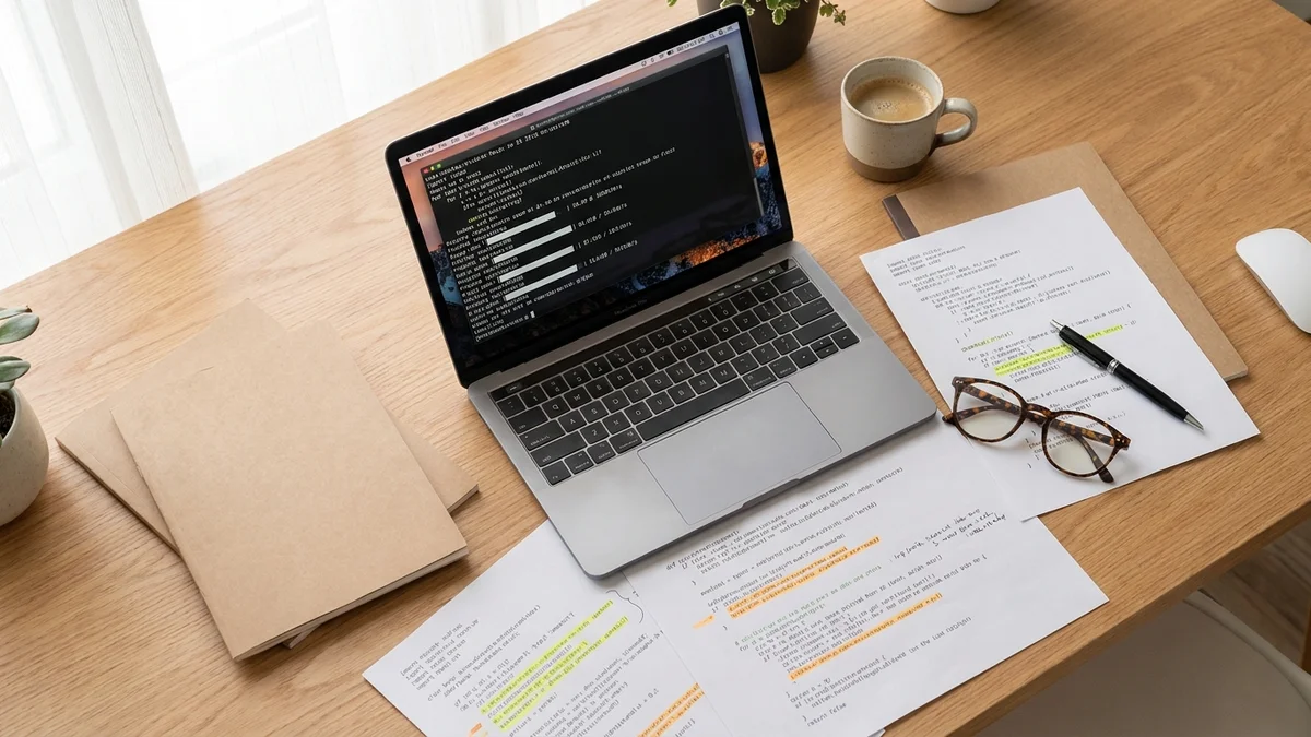 Overhead view of printed documents and laptop showing data processing pipeline