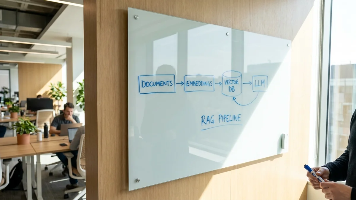 Whiteboard diagram showing RAG chatbot architecture with documents