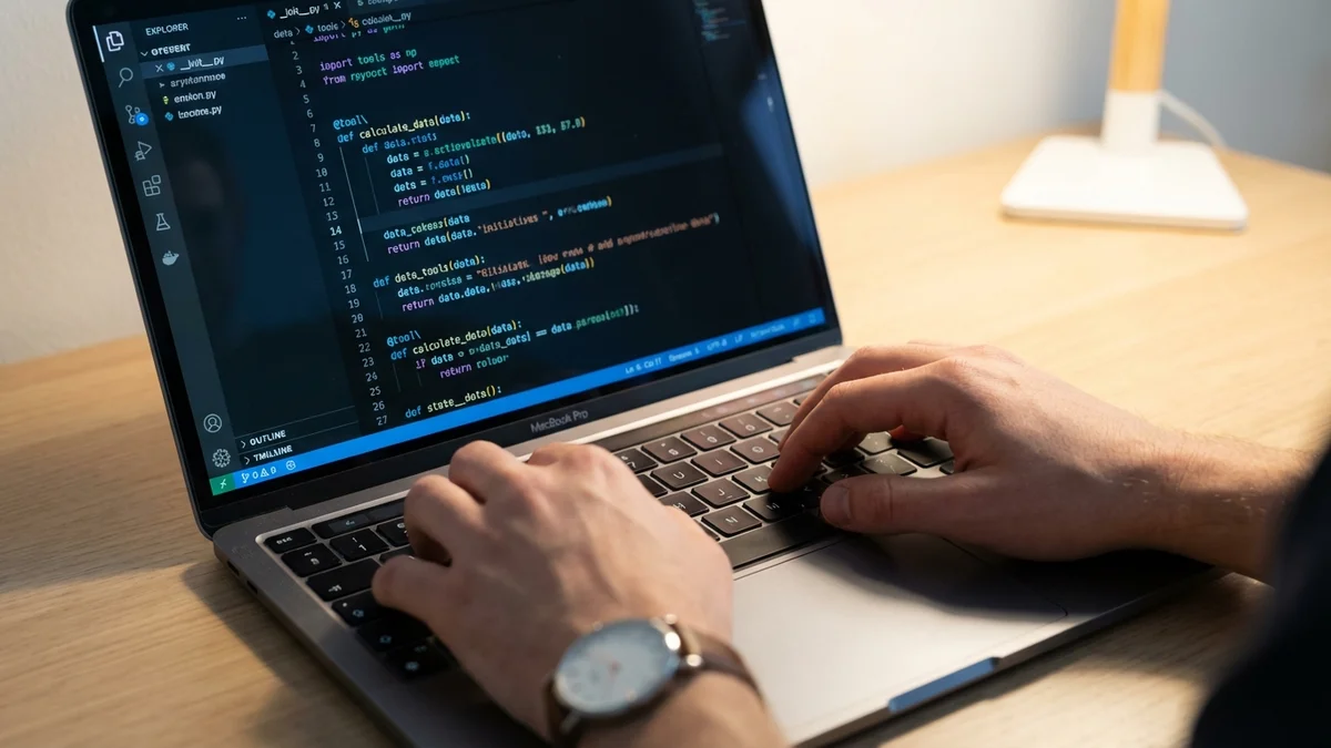 Close-up of Python code with LangChain tool decorators on a laptop screen