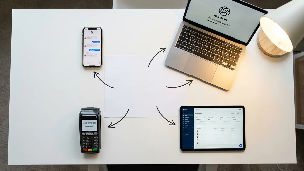 Flat lay showing four devices representing ACP transaction parties