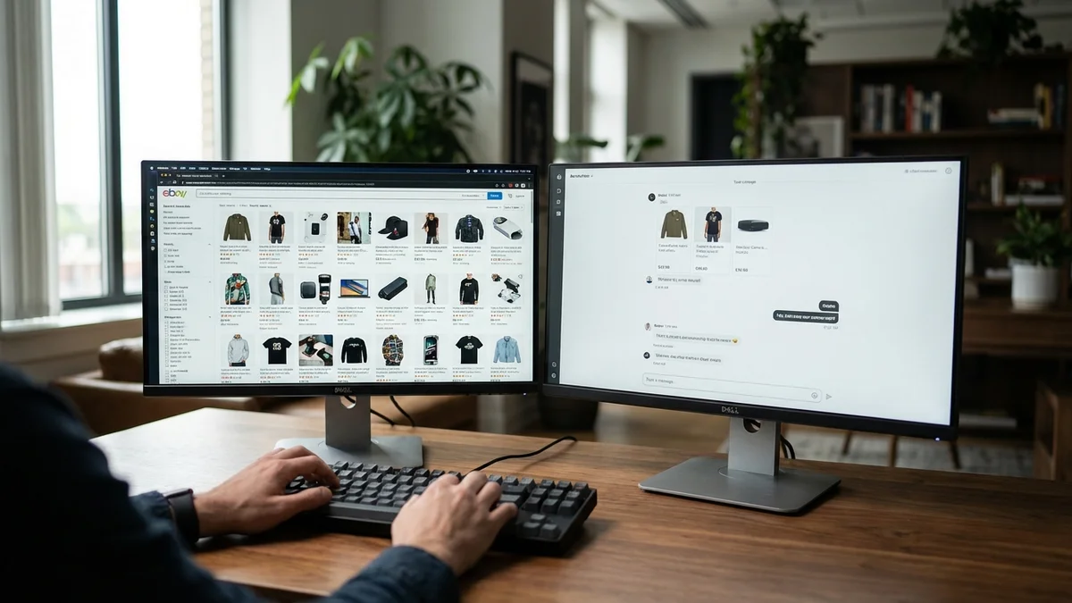 Two monitors comparing traditional search shopping with ChatGPT product discovery