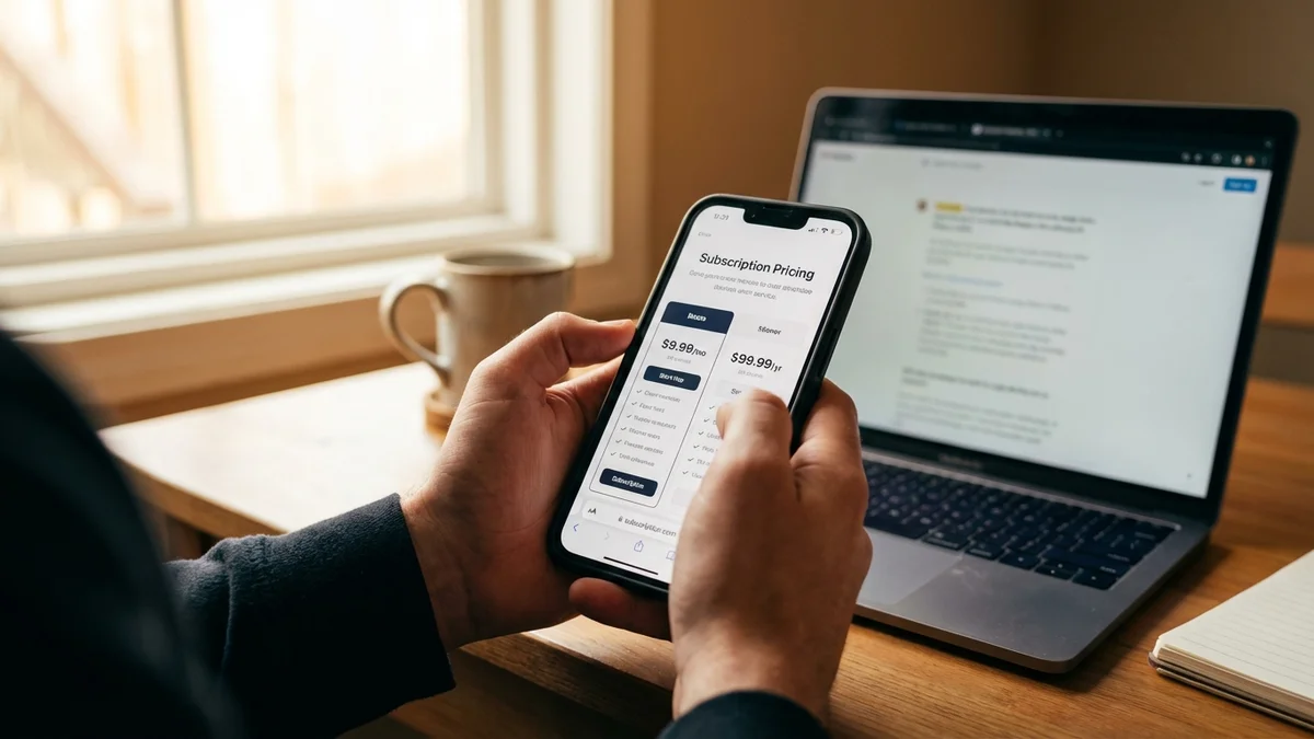 Hands holding phone showing AI subscription pricing options at desk
