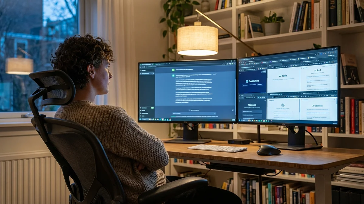 Person at dual monitors comparing ChatGPT with alternative AI tools
