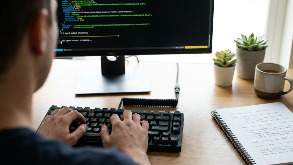 Developer typing on a mechanical keyboard with terminal code visible on a monitor