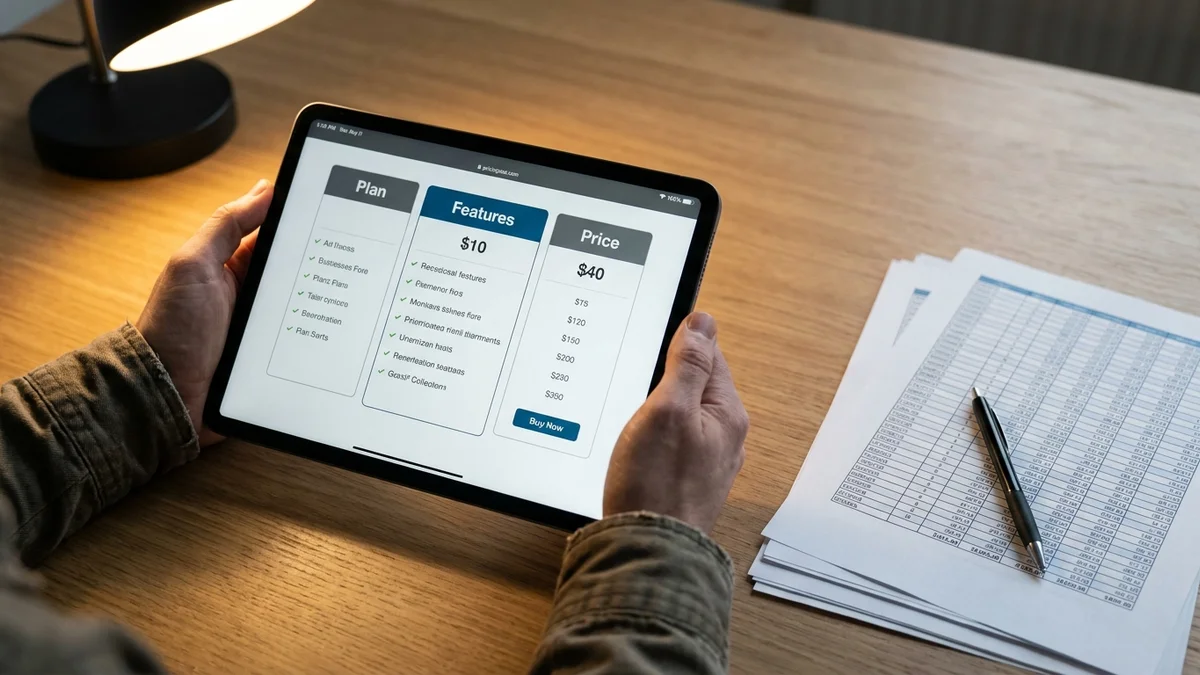 Hands holding a tablet displaying an AI subscription pricing comparison