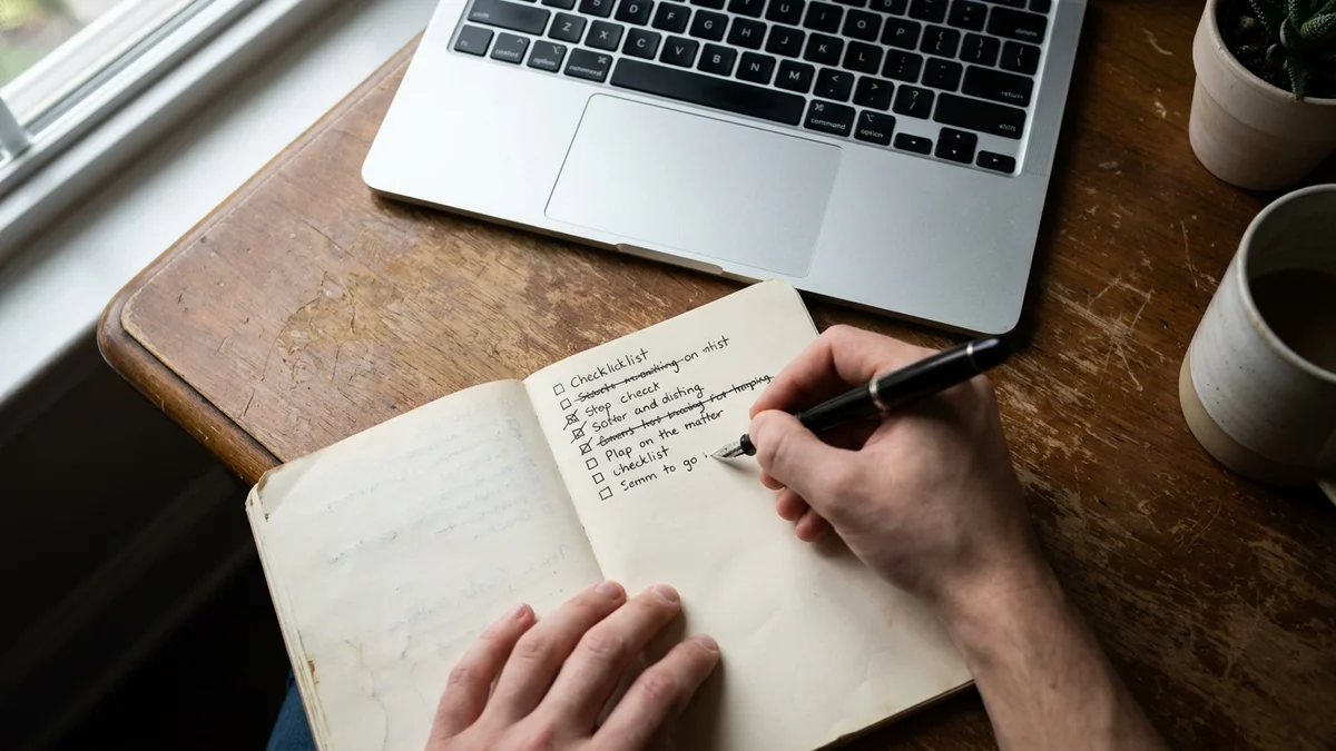 Hands writing an AI model evaluation checklist in a notebook beside a laptop