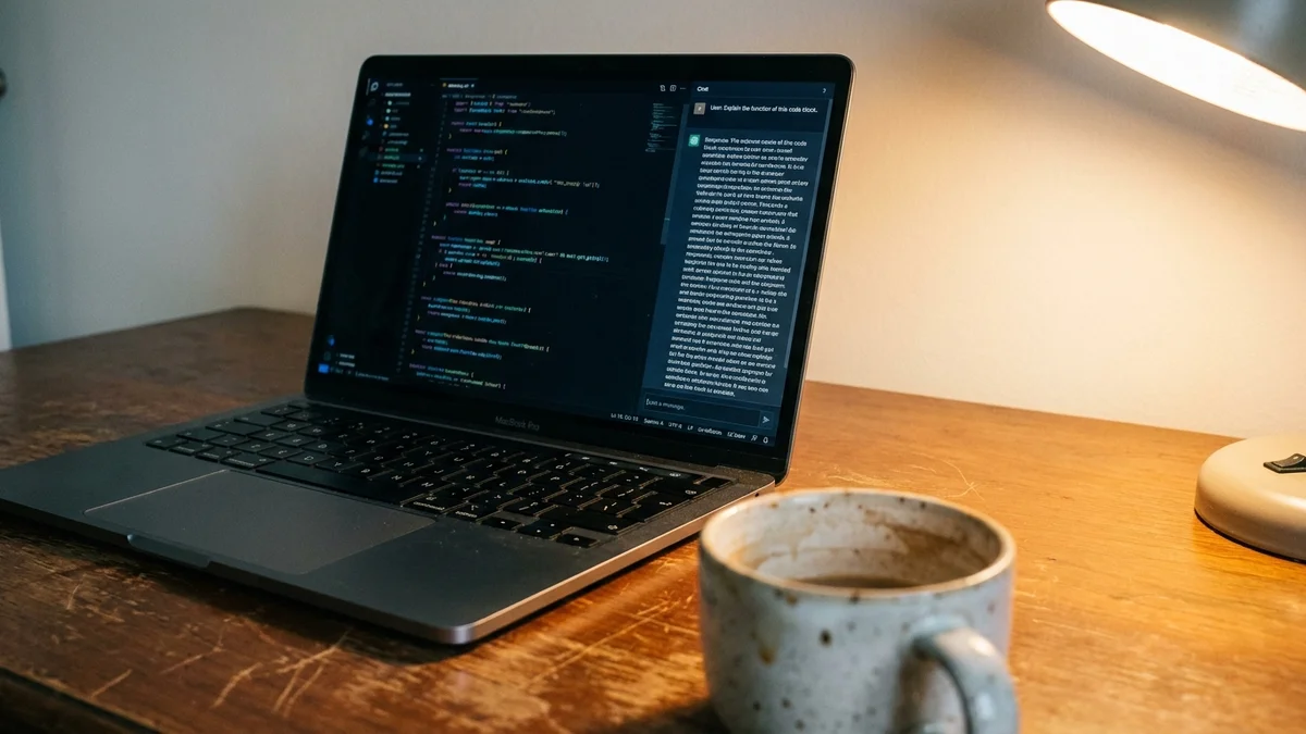 Laptop screen showing a chat prompt being sent to an AI coding assistant