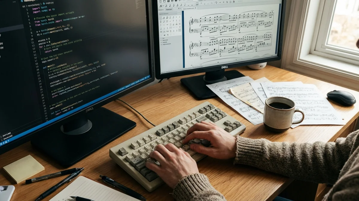 Developer workspace with code editor and music notation on dual monitors