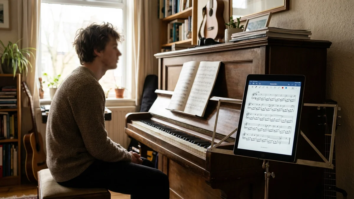 Musician at piano with printed and digital sheet music side by side