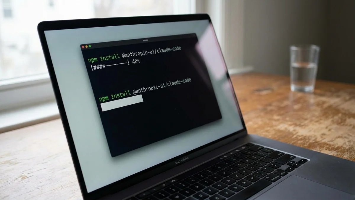 Terminal window showing npm install command for Claude Code CLI