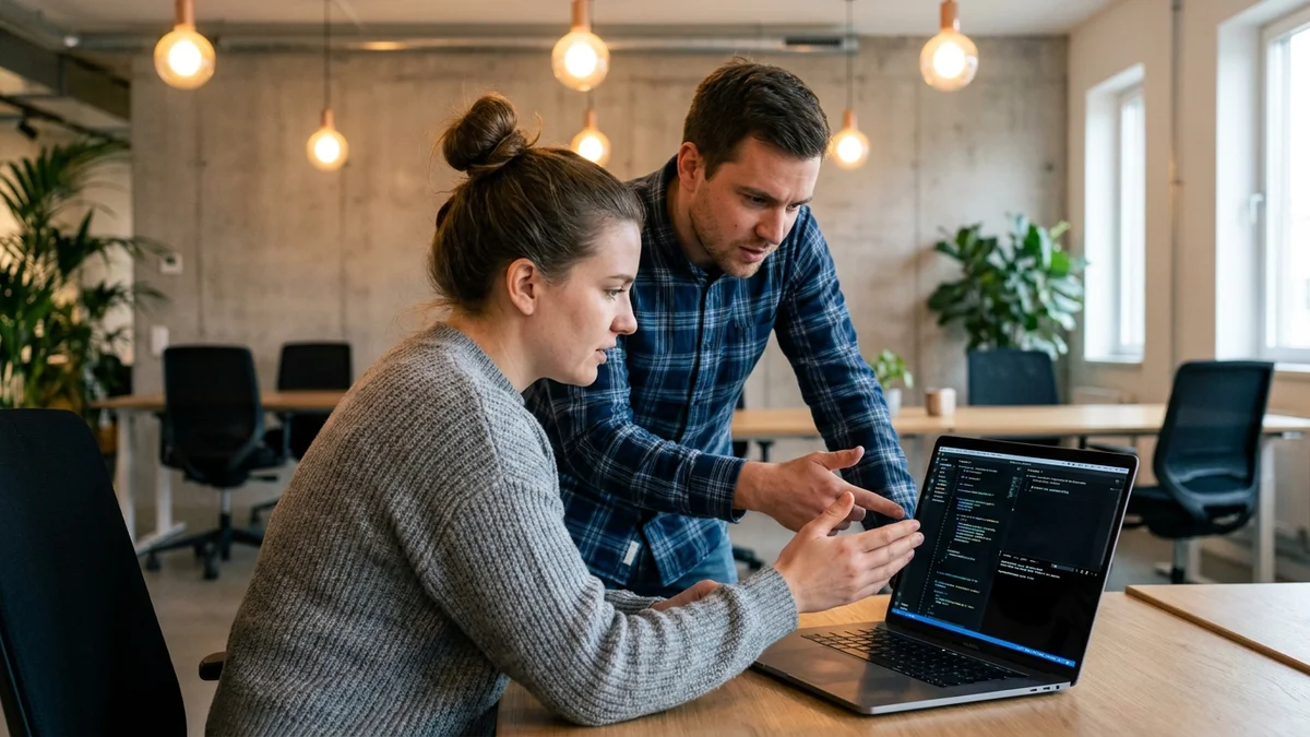 Two developers discussing a Claude Code session on a laptop