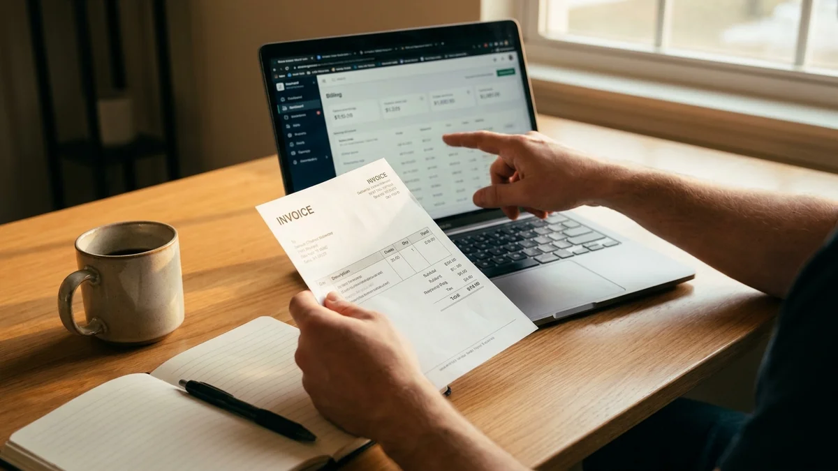 Developer reviewing a billing invoice next to a laptop showing a usage dashboard