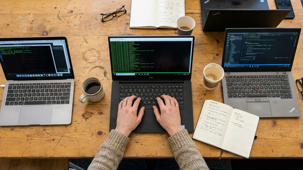 Three laptops on a wooden desk showing different AI coding tools side by side