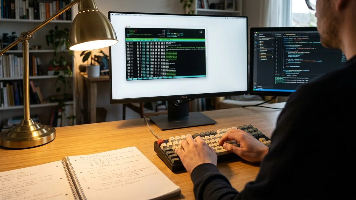 Developer typing on mechanical keyboard with terminal and code editor on monitors