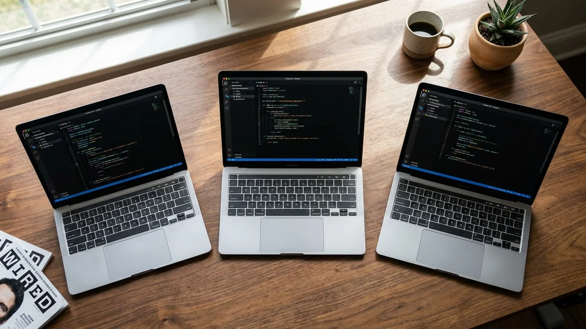 Three MacBook laptops on a wooden desk, each running a different AI coding tool