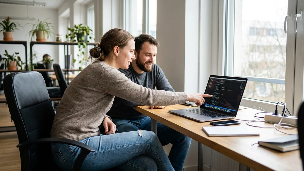 Two developers reviewing code together on a laptop in a modern office