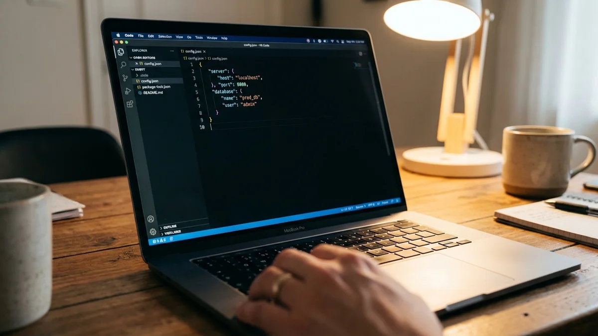 JSON MCP configuration file open in a code editor on a laptop screen