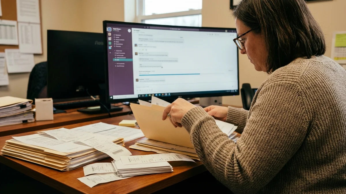 Person organizing documents at a desk with Claude Cowork running on monitor