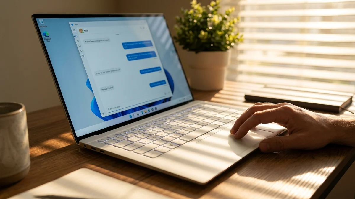 Windows 11 laptop on a home office desk displaying the Gemini app chat interface with a hand on the trackpad